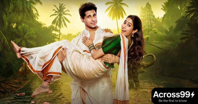 Param Sundari movie poster featuring Sidharth Malhotra and Janhvi Kapoor in a romantic pose with colorful background.