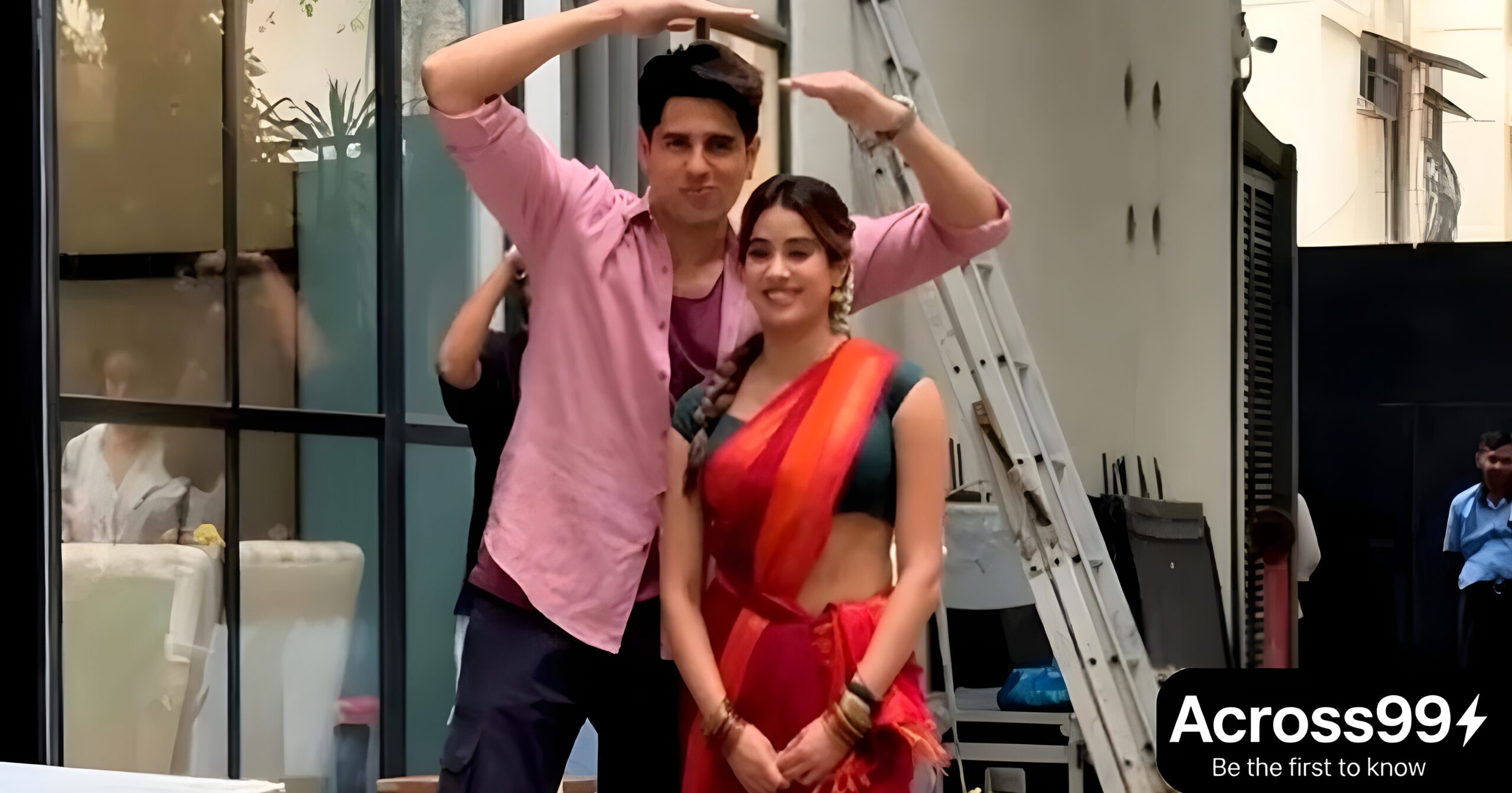 Sidharth Malhotra and Janhvi Kapoor promoting Param Sundari with joyful expressions on a scenic backdrop