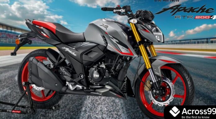 TVS Apache RTR 200 4V 2025 लॉन्च – इंजन, फीचर्स और कीमत की पूरी जानकारी TVS Apache RTR 200 4V 2025 side view with new graphics