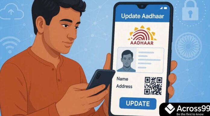 E-Aadhaar App Update: स्मार्टफोन से नाम, पता और मोबाइल अपडेट E-Aadhaar mobile app interface showing user updating Aadhaar details.
