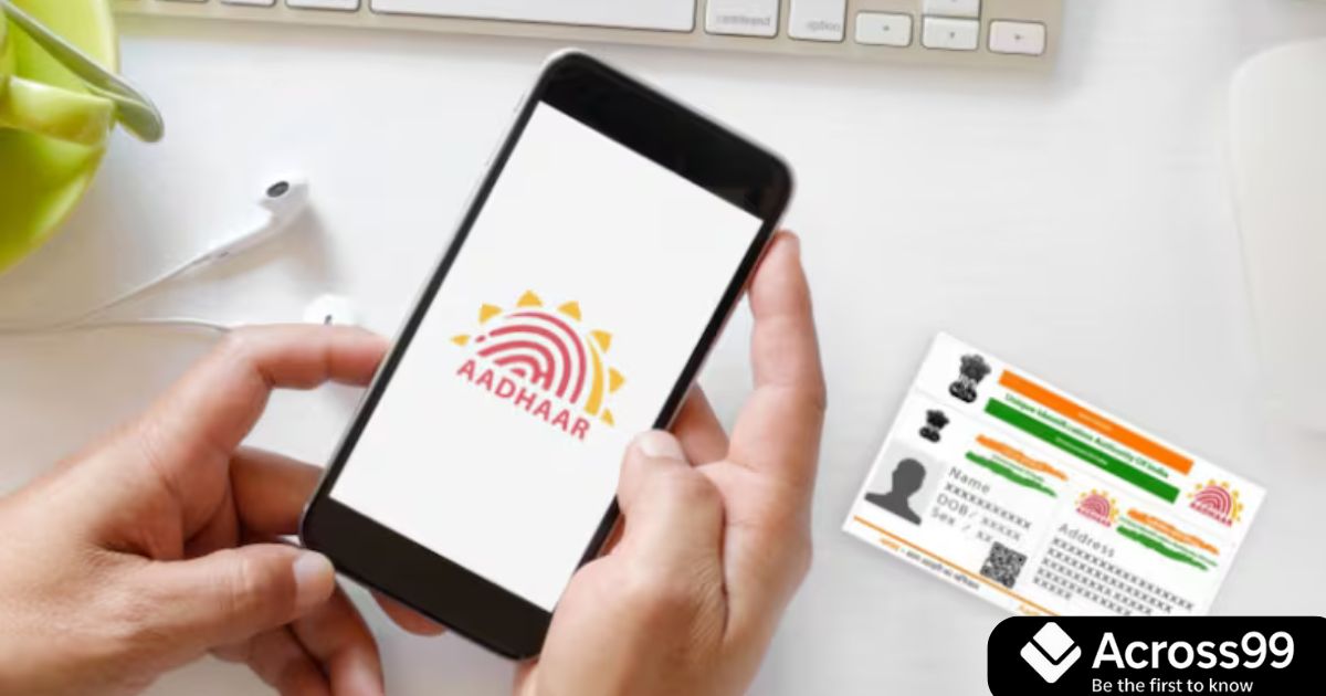 Smartphone screen displaying Aadhaar app features and secure login.