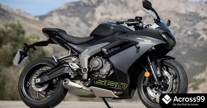 Alt Text: Triumph Daytona 660 side view in red color
