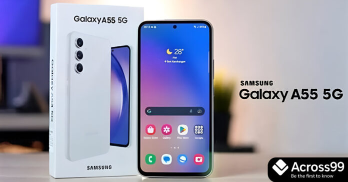 Samsung Galaxy A55 5G front and back design with triple rear camera and 32MP selfie camera.