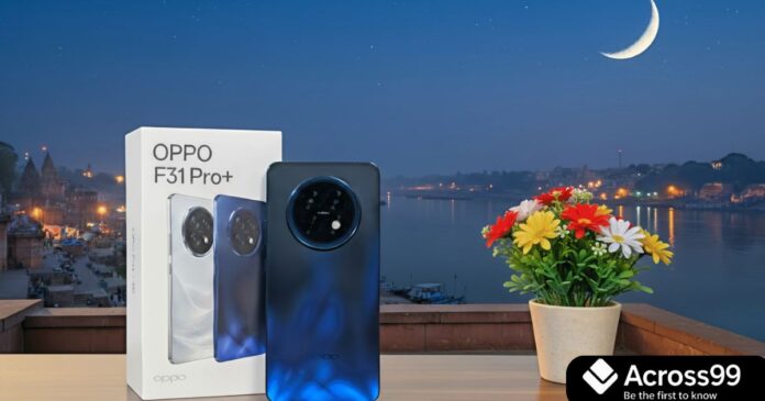 Your paragraph text - 2025-10-04T221427.776 Oppo F31 Pro+ 2025 smartphone in Gemstone Blue with dual rear camera.