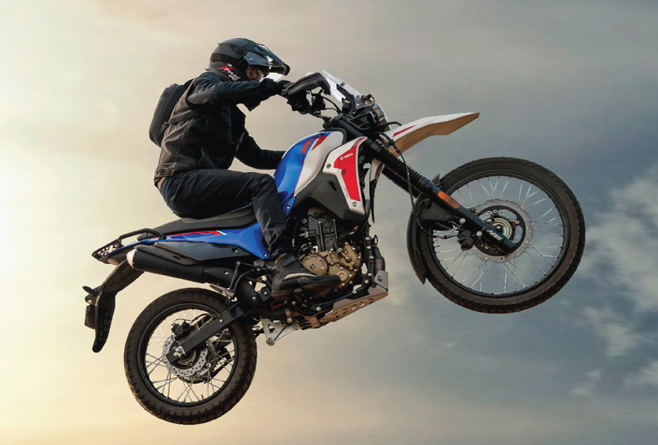 Close-up of Hero XPulse 210 Dakar Edition showing suspension and tires