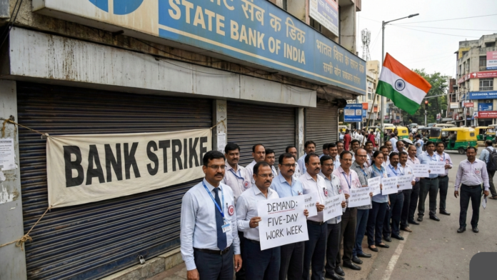 ublic sector bank closed during nationwide bank strike in India as employees protest for five-day work week on January 27, 2026
