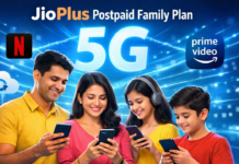 JioPlus Postpaid Family Plan 2026: ₹449 और ₹749 प्लान की पूरी जानकारी (Benefits, Data, OTT, 5G) Indian family using smartphones with glowing 5G network background showing JioPlus Postpaid Family Plan and OTT streaming concept