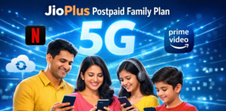 JioPlus Postpaid Family Plan 2026: ₹449 और ₹749 प्लान की पूरी जानकारी (Benefits, Data, OTT, 5G) Indian family using smartphones with glowing 5G network background showing JioPlus Postpaid Family Plan and OTT streaming concept