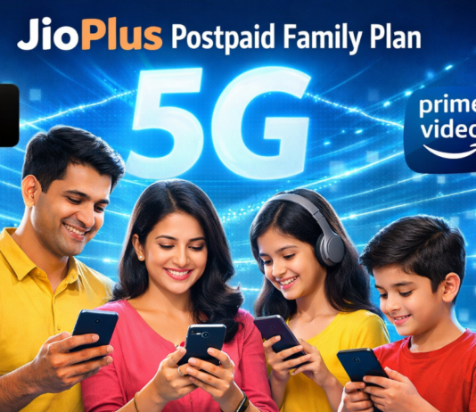 JioPlus Postpaid Family Plan 2026: ₹449 और ₹749 प्लान की पूरी जानकारी (Benefits, Data, OTT, 5G) Indian family using smartphones with glowing 5G network background showing JioPlus Postpaid Family Plan and OTT streaming concept
