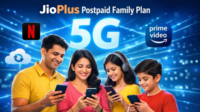 Indian family using smartphones with glowing 5G network background showing JioPlus Postpaid Family Plan and OTT streaming concept