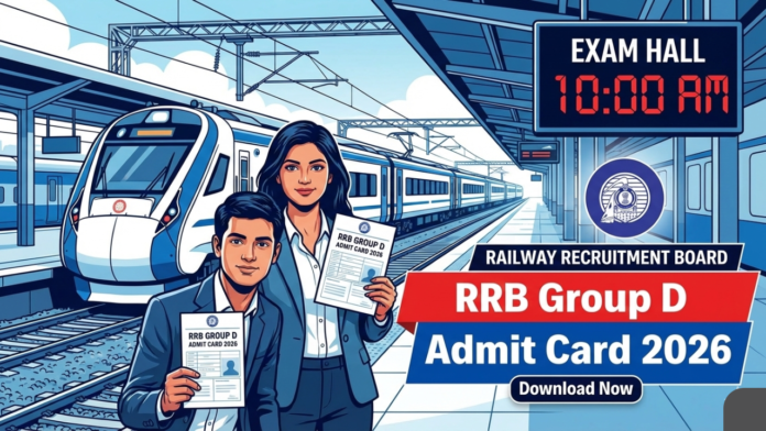 RRB Group D Admit Card 2026 download information with Indian railway exam candidates and train background