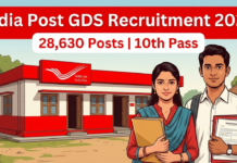 India Post GDS Recruitment 2026 – 28,630 पदों पर भर्ती, 10वीं पास के लिए सुनहरा मौका India Post GDS Recruitment 2026 thumbnail showing post office and 28,630 Gramin Dak Sevak posts