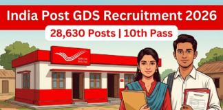 India Post GDS Recruitment 2026 – 28,630 पदों पर भर्ती, 10वीं पास के लिए सुनहरा मौका India Post GDS Recruitment 2026 thumbnail showing post office and 28,630 Gramin Dak Sevak posts