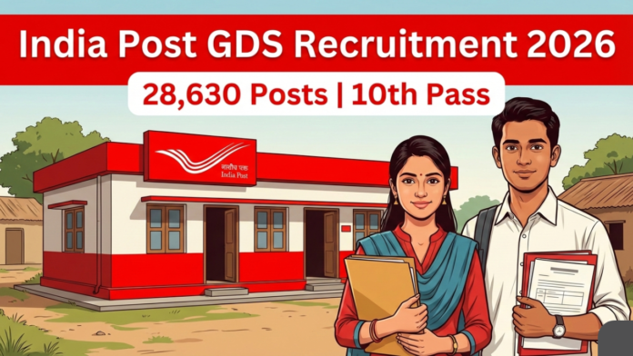 India Post GDS Recruitment 2026 thumbnail showing post office and 28,630 Gramin Dak Sevak posts