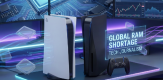 ग्लोबल मेमोरी संकट के बावजूद 2026 तक नहीं बढ़ेंगी PS5 की कीमतें, Sony CFO ने दी बड़ी राहत High-quality digital illustration of PS5 and PS5 Pro consoles with DualSense controller, showing global RAM shortage impact and stable pricing through 2026 in a futuristic tech backgroun