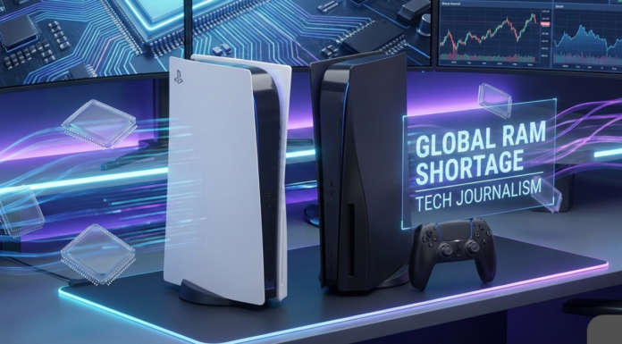 ग्लोबल मेमोरी संकट के बावजूद 2026 तक नहीं बढ़ेंगी PS5 की कीमतें, Sony CFO ने दी बड़ी राहत High-quality digital illustration of PS5 and PS5 Pro consoles with DualSense controller, showing global RAM shortage impact and stable pricing through 2026 in a futuristic tech backgroun
