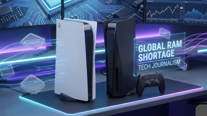High-quality digital illustration of PS5 and PS5 Pro consoles with DualSense controller, showing global RAM shortage impact and stable pricing through 2026 in a futuristic tech backgroun