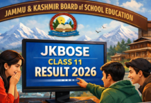 JKBOSE Class 11 Result 2026 जारी: Winter Zone Results घोषित, Check Time, Steps, Marksheet & Revaluation Details JKBOSE Class 11 Result 2026 announcement, students checking Winter Zone results online, happy students viewing marksheet on laptop