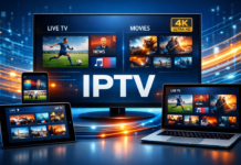 2026 में IPTV का भविष्य: कैसे Internet-Based Television पूरी दुनिया में TV देखने का तरीका बदल रहा है Modern IPTV streaming technology illustration showing smart TV, mobile, tablet and laptop with 4K live TV and movies over high-speed internet