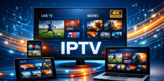 2026 में IPTV का भविष्य: कैसे Internet-Based Television पूरी दुनिया में TV देखने का तरीका बदल रहा है Modern IPTV streaming technology illustration showing smart TV, mobile, tablet and laptop with 4K live TV and movies over high-speed internet