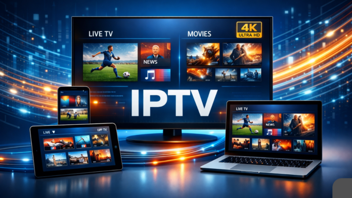 Modern IPTV streaming technology illustration showing smart TV, mobile, tablet and laptop with 4K live TV and movies over high-speed internet