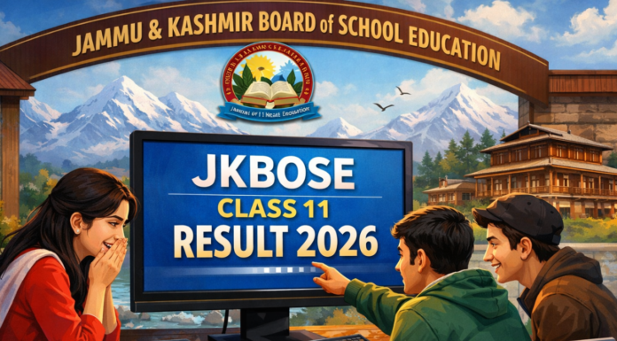 JKBOSE Class 11 Result 2026 जारी: Winter Zone Results घोषित, Check Time, Steps, Marksheet & Revaluation Details JKBOSE Class 11 Result 2026 announcement, students checking Winter Zone results online, happy students viewing marksheet on laptop