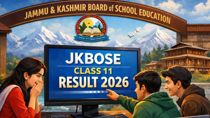 JKBOSE Class 11 Result 2026 announcement, students checking Winter Zone results online, happy students viewing marksheet on laptop