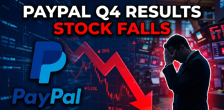 PayPal Q4 Results Shock: कमजोर Earnings, Slow Growth और CEO Change से Shares धड़ाम PayPal Q4 earnings report thumbnail showing falling stock chart, red downward arrow, PayPal logo, and worried investor silhouette, representing weak earnings, slow growth, and CEO change.