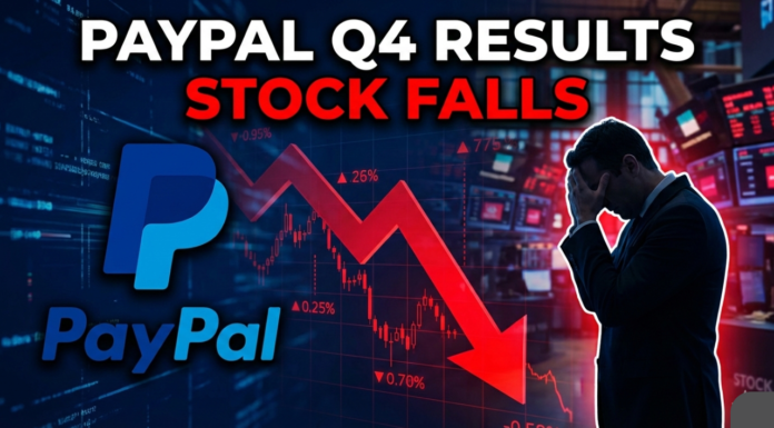 PayPal Q4 Results Shock: कमजोर Earnings, Slow Growth और CEO Change से Shares धड़ाम PayPal Q4 earnings report thumbnail showing falling stock chart, red downward arrow, PayPal logo, and worried investor silhouette, representing weak earnings, slow growth, and CEO change.