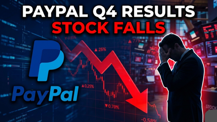 PayPal Q4 earnings report thumbnail showing falling stock chart, red downward arrow, PayPal logo, and worried investor silhouette, representing weak earnings, slow growth, and CEO change.