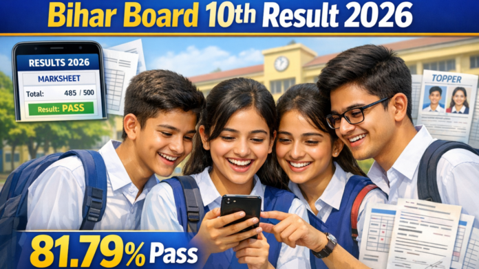 Bihar Board 10th Result 2026 students checking results online with toppers and pass percentage 81.79