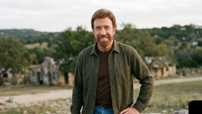 Chuck Norris smiling outdoors in a casual outfit with a scenic background