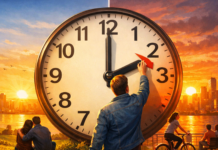 Daylight Saving Time Begins: Why Clocks Change and Should It End? Daylight Saving Time DST clock moving forward one hour with sunrise and sunset concept