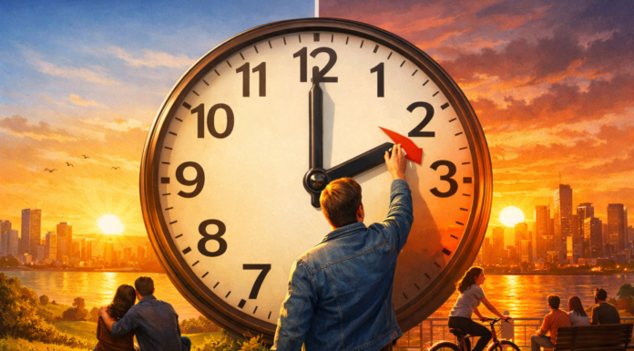 Daylight Saving Time Begins: Why Clocks Change and Should It End? Daylight Saving Time DST clock moving forward one hour with sunrise and sunset concept