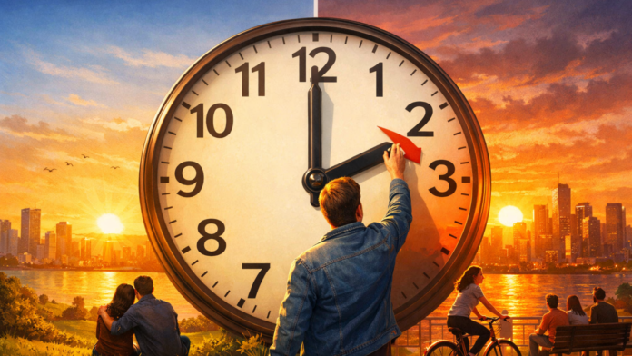 Daylight Saving Time DST clock moving forward one hour with sunrise and sunset concept