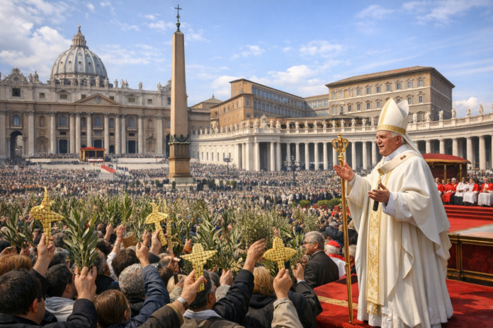 Pope Leo XIV leading Vatican Palm Sunday 2026 procession in St. Peter’s Square with worshippers holding palm branches