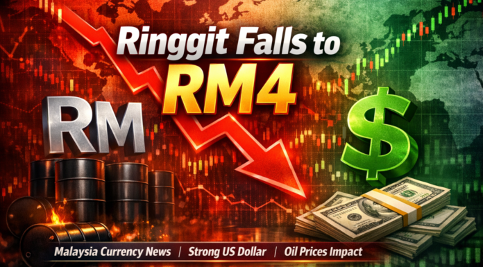Ringgit Weakens Toward RM4 Amid Oil Shock, Fed Pressure and Geopolitical Tensions Ringgit vs US Dollar chart showing Malaysia currency falling to RM4 amid rising oil prices and strong US dollar impact