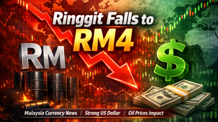 Ringgit vs US Dollar chart showing Malaysia currency falling to RM4 amid rising oil prices and strong US dollar impact
